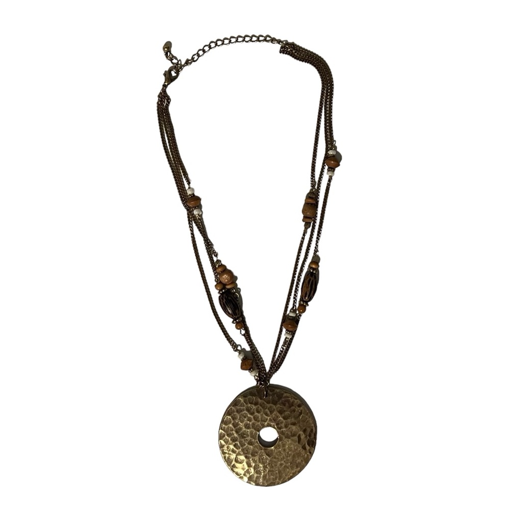 Gold Donut Indented Metal Pendant Wood + White Bead Necklace